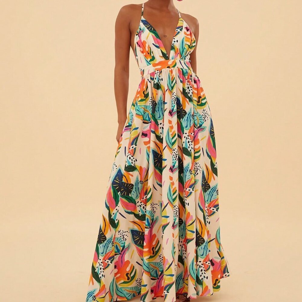 Multicolor Boho Women's Floral Spaghetti Strap Backless Dress
